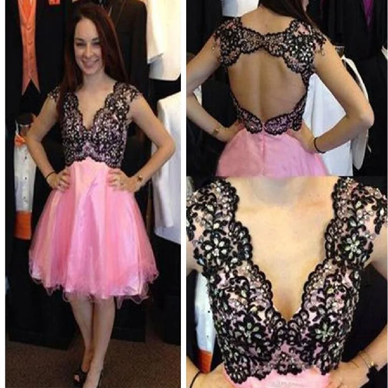 Vintage cap sleeve deep v-neck open back lace mismatched sexy unique homecoming prom gowns dress,BD0068 Tunics Sophisticated sleek