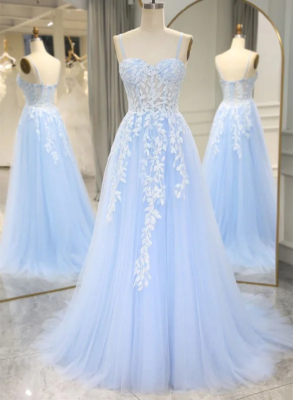A-line Tulle Blue with Lace Sweetheart Straps Party Dress, Blue Formal Dress Tunics Hiking breathable