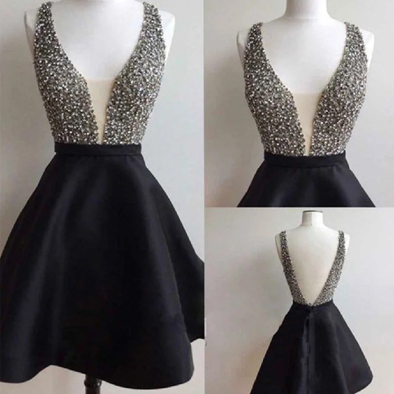 Short black mismatched open back sexy freshman homecoming prom dress,BD0050 Tunics Prom sequined