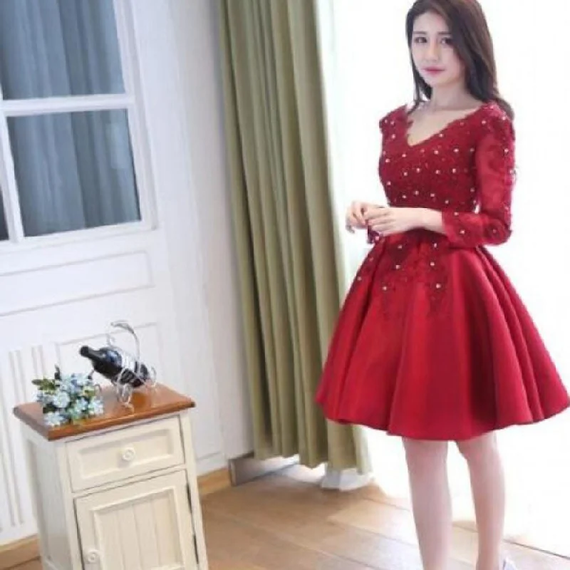 Long sleeve blush red v-neck elegant stain elegant homecoming prom gown dress,BD0015 Tunics Trendy modern