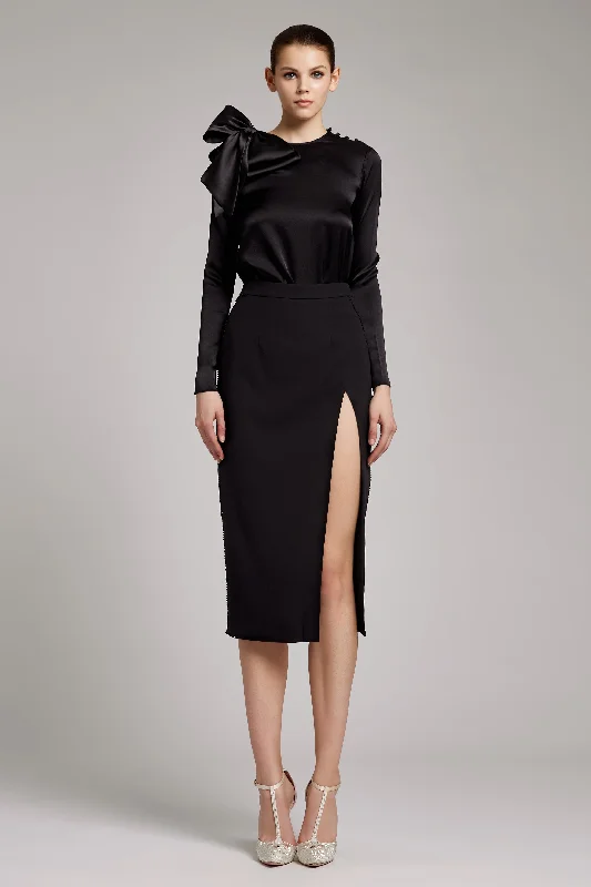 Beaded High Waisted Side Slit Skirt in Black zip skirt side