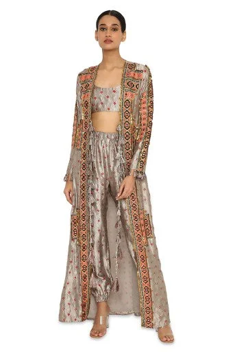 Hana Grey Colour Bandhani Silk Embroidered Jacket With Bustier And Jogger Pants Cardigan Sweater Pullover Hana Grey Colour Bandhani Silk Embroidered Jacket With Bustier And Jogger Pants Cardigan Sweater Pullover