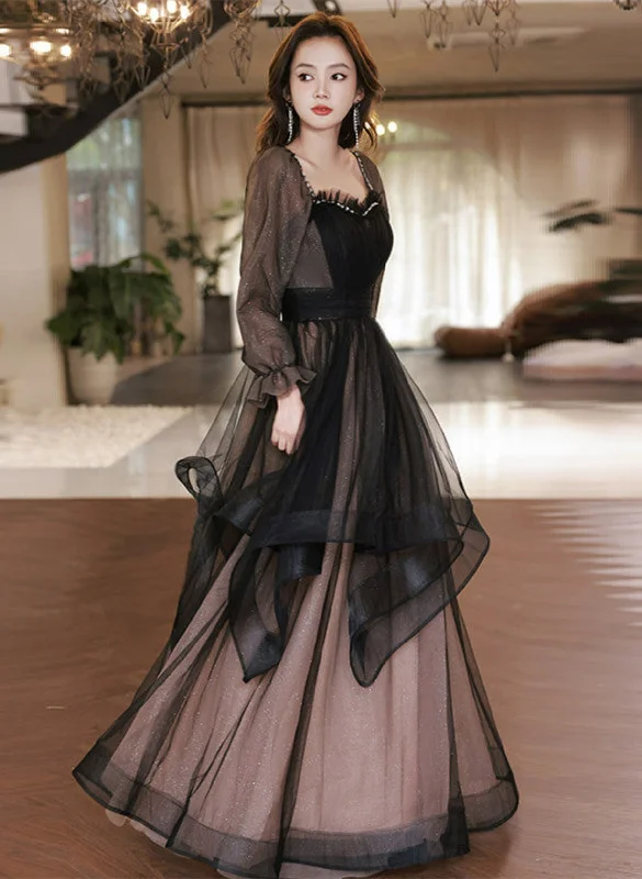 Black Long Sleeves Tulle Sweetheart Party Dress, A-line Black Evening Dress Prom Dress Tunics Chinos classic