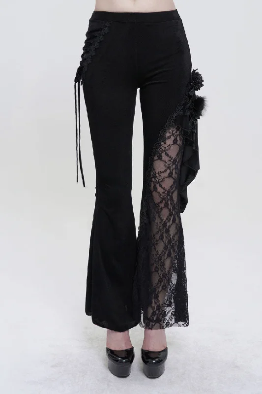Black Velvet Single Side Stitching Rose Net Side Rope Decoration Asymmetric Pattern Flare Women's Gothic Pants Warm Wool Trousers Black Velvet Single Side Stitching Rose Net Side Rope Decoration Asymmetric Pattern Flare Women's Gothic Pants Warm Wool Trousers