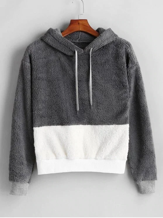Warm Color Block Fluffy Faux Winter Hoodie Hoodie with Color Block Contrast Stylish