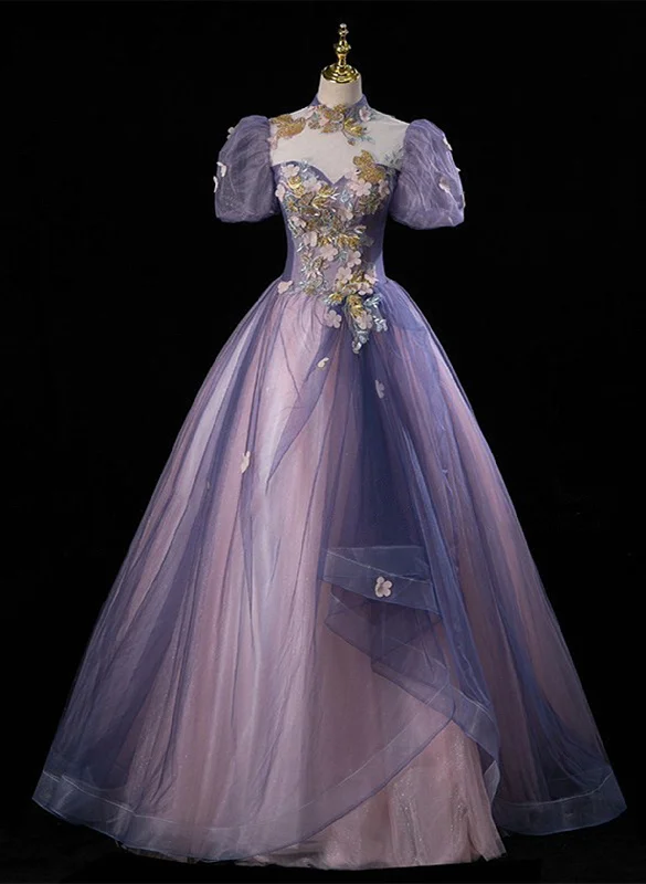 Purple and Pink Tulle High Neckline Long Party Dress, Ball Gown Tulle Sweet 16 Dress Tunics Fashionable trendy
