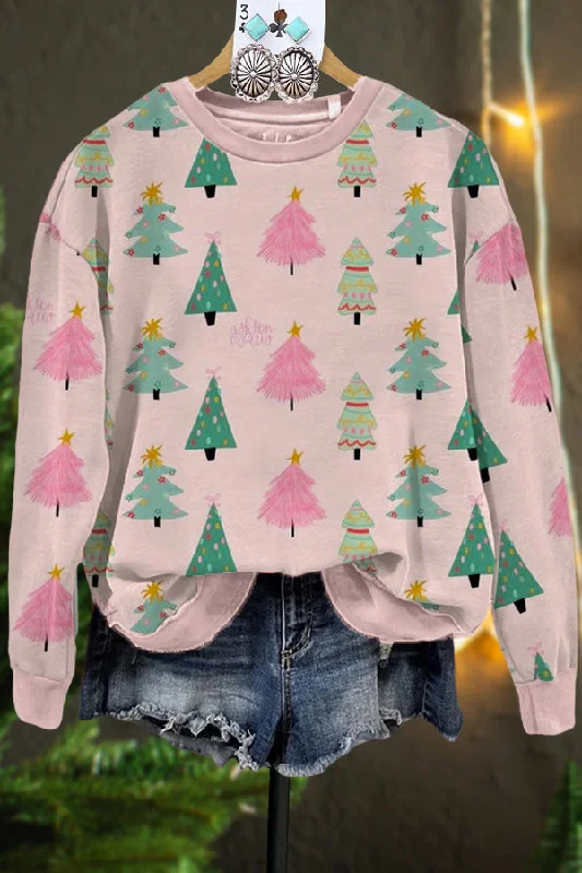 Casual Christmas Tree Print Crew Neck Sweatshirt Hoodie with Hidden Zipper Minimalist Clean