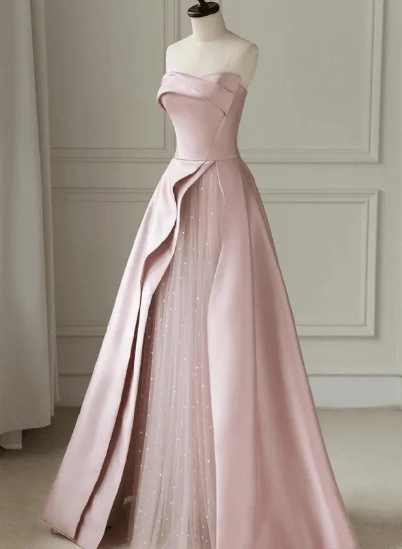 Pink Satin and Tulle Long Party Dress, A-line Pink Prom Dress Tunics Mesh breathable