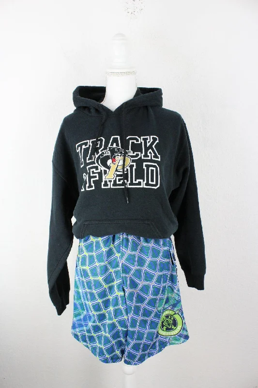 Vintage Black Track and Field Hoodie (M) Hoodie with Front Slit Layering Stylish