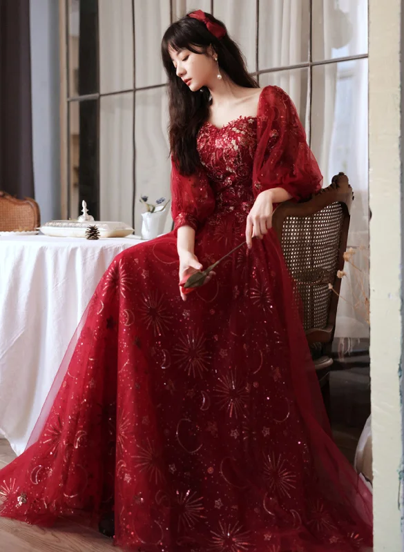 Wine Red Puffy Sleeves Sweetheart Party Dress,Wine Red Long Prom Dress Tunics Distressed trendy
