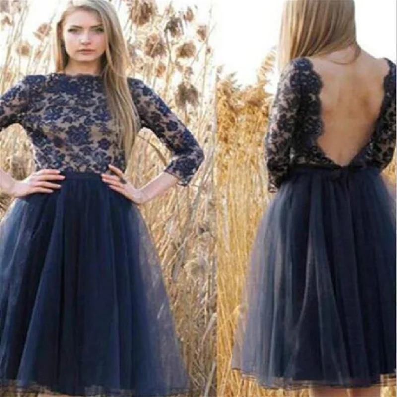 Tulle Navy Blue Prom Dresses, Backless Cocktail Dresses,Long Sleeves Homecoming Dresses,PD0003 Tunics Travel practical