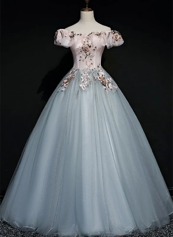 A-line Tulle with Lace Applique Off Shoulder Long Party Dress, Sweet 16 Formal Dress Turtleneck Warm Winter