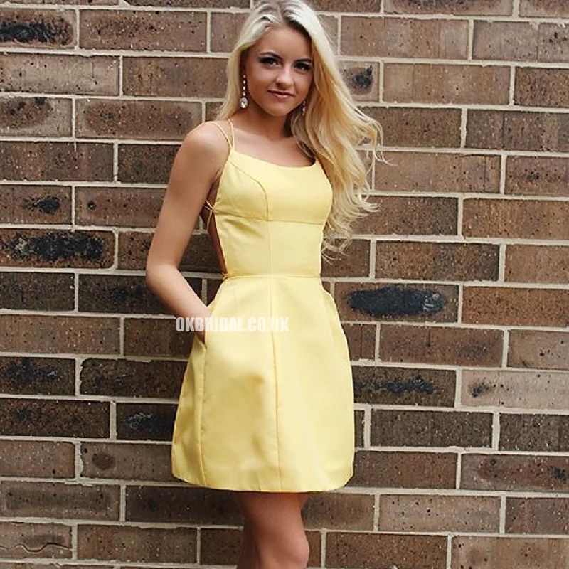 Yellow A-line Cross-Back Satin Homecoming Dress with Pockets, FC1464 Tunics Satin smooth