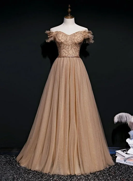 Lovely Champagne Beaded Long Tulle Prom Party Dress, Off Shoulder Formal Dresses Tunics Distressed trendy
