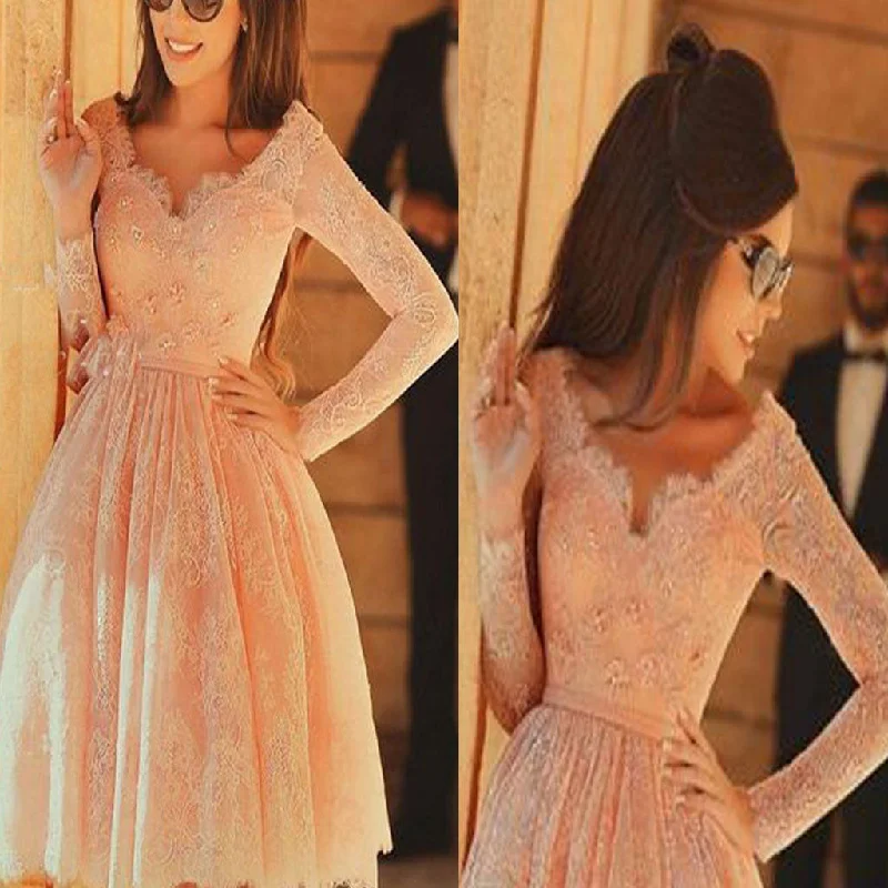 Long sleeve pink lace knee-length v-neck charming homecoming prom gown dress,BD0018 Casual Short Summer