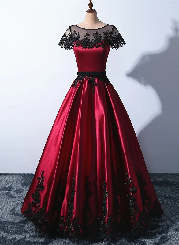 Wine Red Satin Round Neckline with Black Lace Party Dress, Wine Red Prom Dress Cowl Neckline Elegant