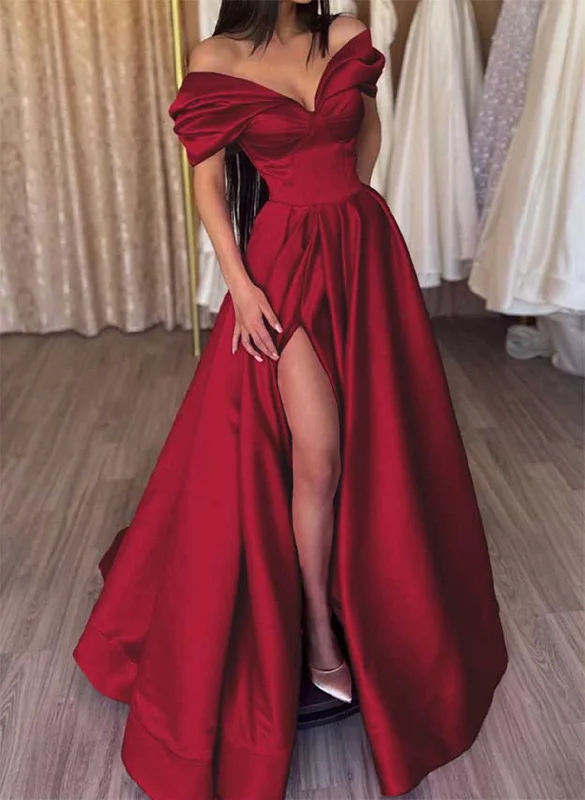 Wine Red Satin Off Shoulder Long Party Dress with Leg Slit, Wine Red Prom Dress Tunics Luxurious high-end