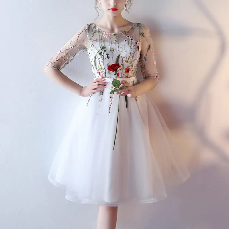 Short Homecoming Dress, Half Sleeve Homecoming Dress, Applique Homecoming Dress, Knee-Length Junior School Dress, Tulle Homecoming Dress, LB0759 Tunics Sophisticated sleek