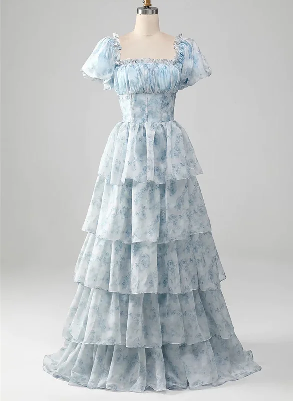 Light Blue Floral Layers Long Party Dress Evening Dress, Light Blue Prom Dress High-Low Hemline Casual