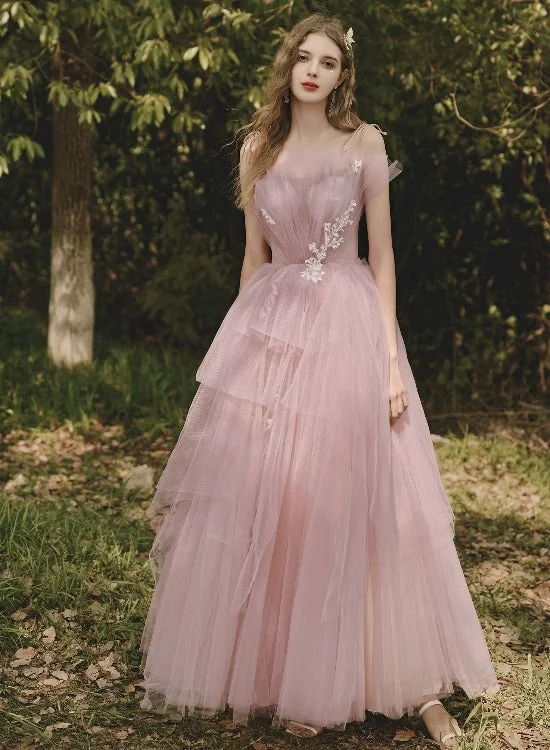 Beautiful Pink Tulle Long Formal Gown Sweet 16 Dress, Pink Lovely Party Dresses Tunics Velvet soft