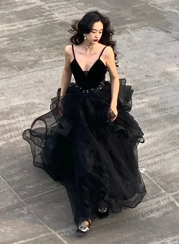 Black Straps V-neckline Tulle Party Dress, Black Evening Dress Prom Dress Tunics Modern contemporary