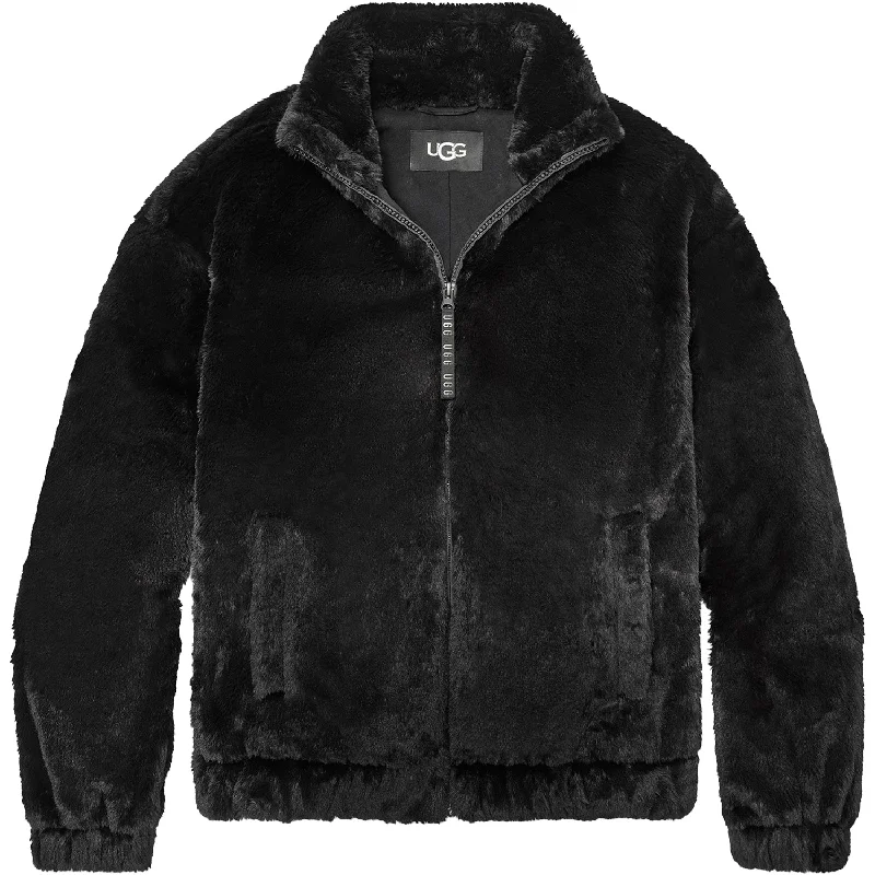 Women's UGG Tash Faux Fur Jacket Black Synthetic Notch Collar Peter Pan Collar Cowl Neck
