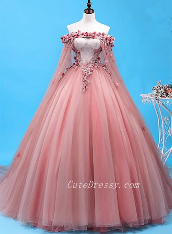 Pink Tulle with Flowers Long Formal Dresses Party Dress, Ball Gown Sweet 16 Dresses Tunics Luxurious premium
