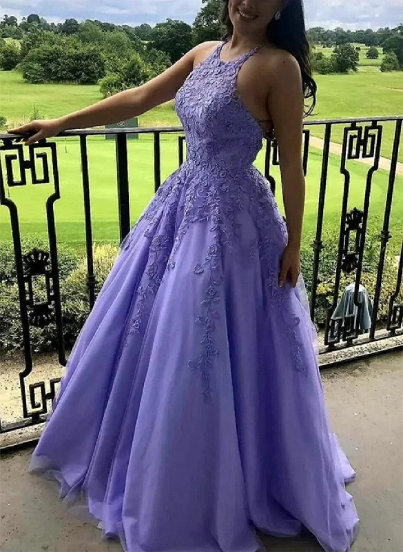 Lavender Halter Tulle with Lace Long Formal Dress, A-line Party Dress Prom Dress Tunics Bridal satin