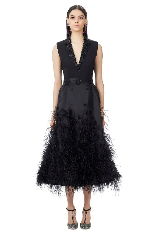 Ostrich Feather Embellished Silk Gazar Skirt in Black cashmere skirt rich