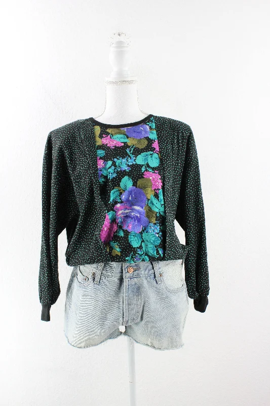 Vintage Flower & Dots Sweatshirt (S) Zip Hoodie Drawstring Kangaroo Pocket