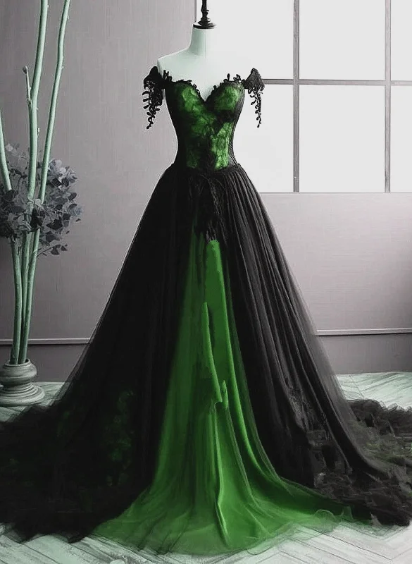 A-line Black and Green Sweetheart Tulle Long Party Dress, Black and Green Evening Dress Tunics Essential wardrobe