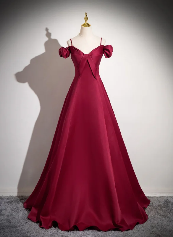 Wine Red Satin Straps Off Shoulder Party Dress, Wine Red Long Prom Dress empire Waist empire