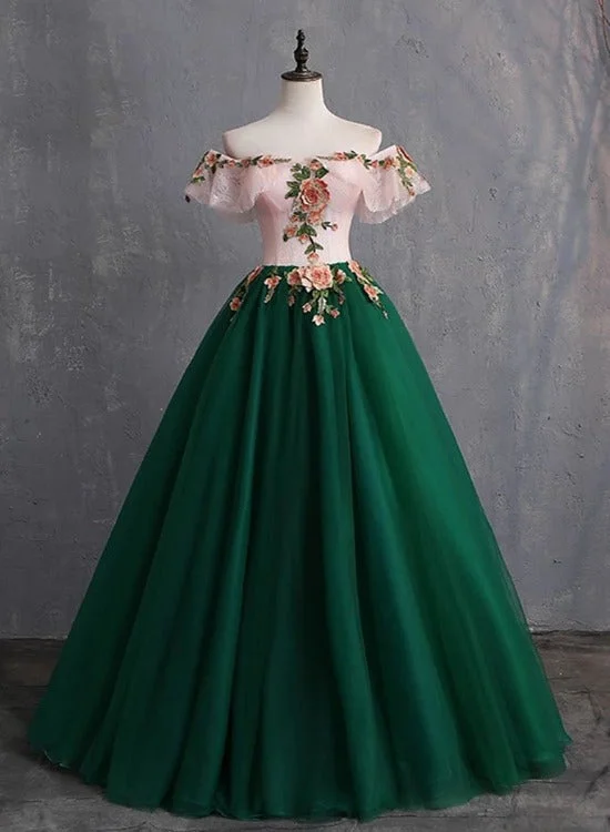 Green Puffy Tulle with Pink Floral Top Evening Dress Party Dress, Green Off Shoulder Prom Dress Tunics Bridal satin
