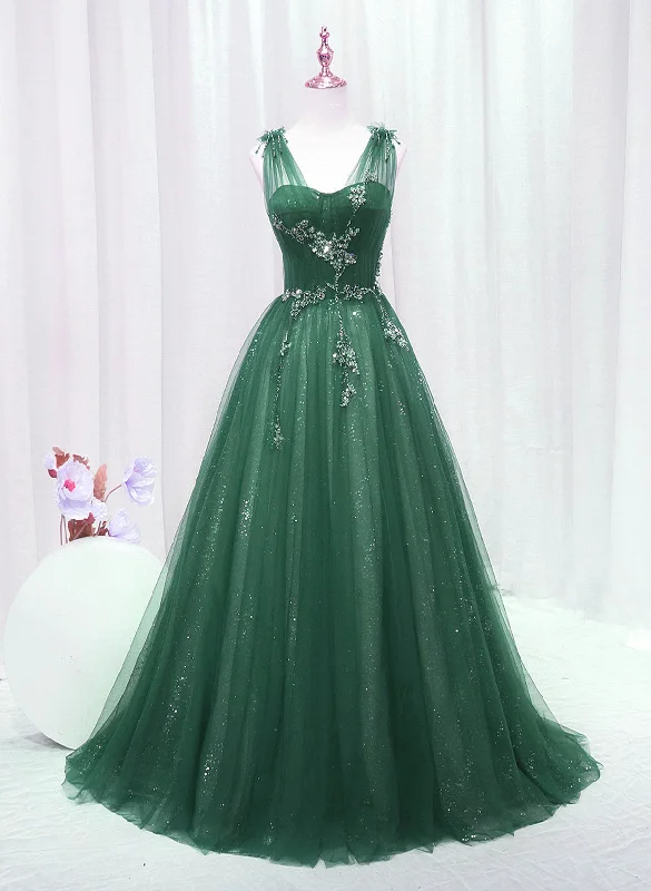 A-line Tulle V-neckline Sweetheart Beaded Long Party Dress, Gree Tulle Prom Dress Tunics Designer luxury