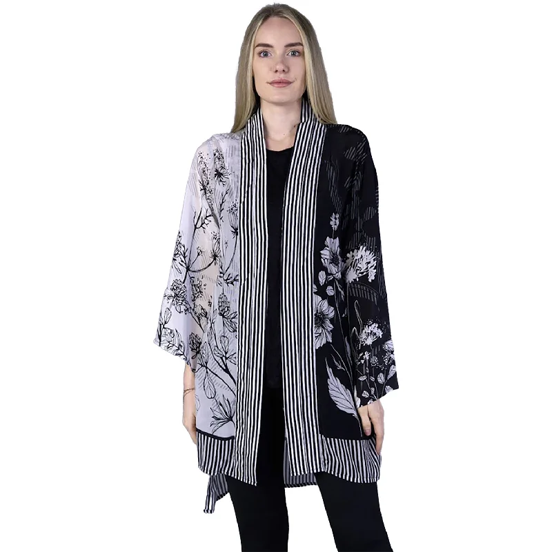 Women's Shana Apparel Kimono Jacket Blk/White Stripes/Floral Rayon Fabric Velvet Fabric Corduroy Fabric Women's Shana Apparel Kimono Jacket Blk/White Stripes/Floral Rayon Fabric Velvet Fabric Corduroy Fabric