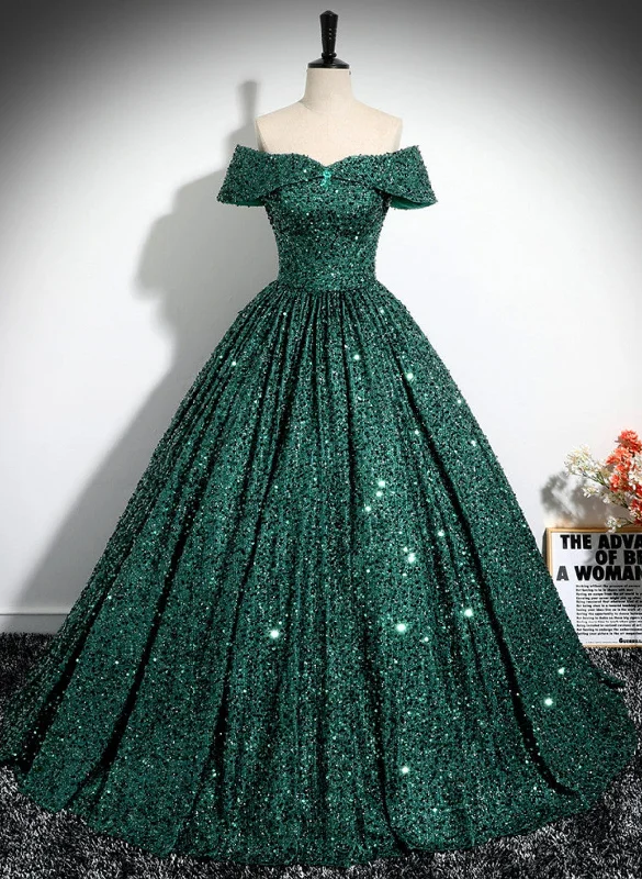 Dark Green Sequins Off Shoulder Ball Gown Party Dress, Dark Green Formal Dress Tunics Prom sequined