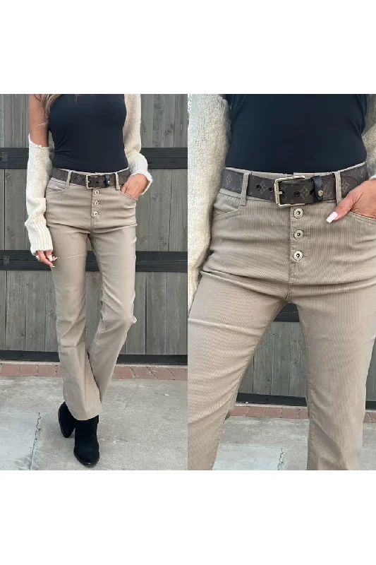 Bevy Flog Nora Pants | Beige Stripe Trendy Wide-Legged Trousers