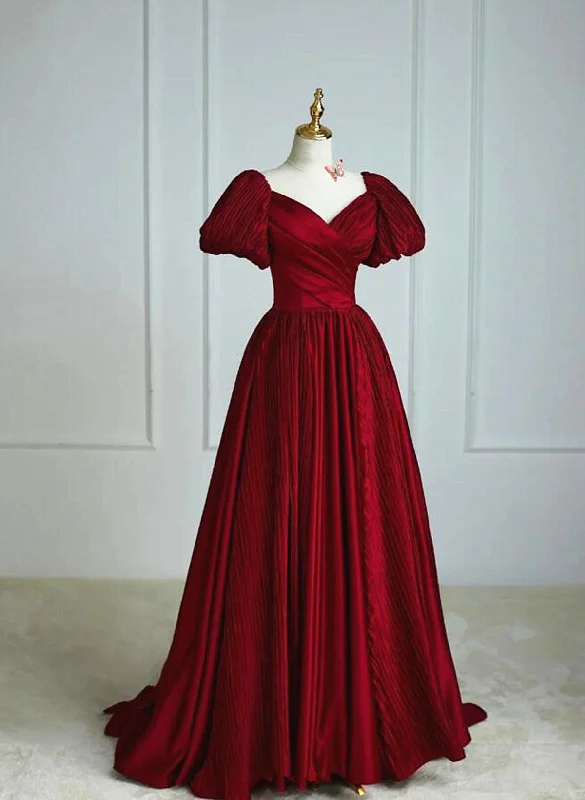 Wine Red Satin V-neckline Short Sleeves Prom Dress, Wine Red Long Party Dress Tunics Versatile functional