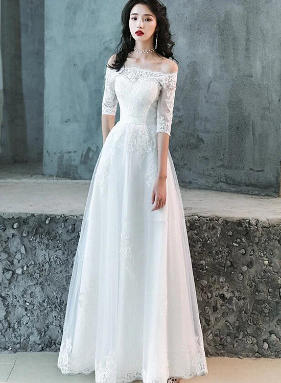 Charming Simple Tulle White Short Sleeves Wedding Dress with Lace, A-line Party Dress Tunics Exclusive limited