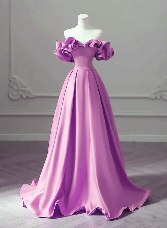 Purple Satin Off Shoulder Long Evening Dress, Purple Wedding Party Dress Tunics Exclusive limited