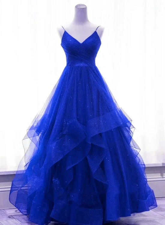 Royal Blue Shiny Tulle V-neckline Straps Long Party Dress, A-line Tulle Prom Dress Evening Dress Tunics Fall fleece
