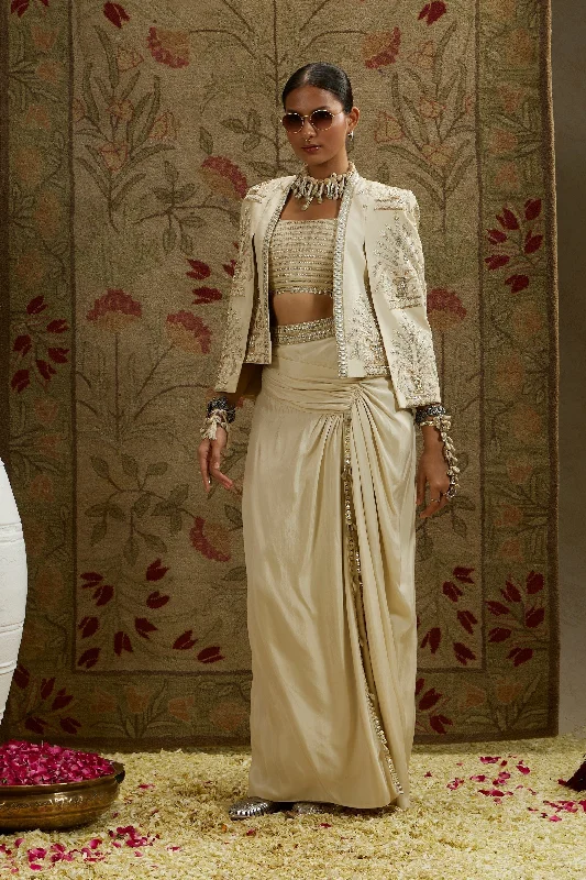 MAGNOLIA EMBELLISHED BUTTA CAPE JACKET PAIRED WITH METAL EMBELLISHED BUSTIER AND SLIT SKIRT Boat Neck Shawl Collar Notched Collar MAGNOLIA EMBELLISHED BUTTA CAPE JACKET PAIRED WITH METAL EMBELLISHED BUSTIER AND SLIT SKIRT Boat Neck Shawl Collar Notched Collar