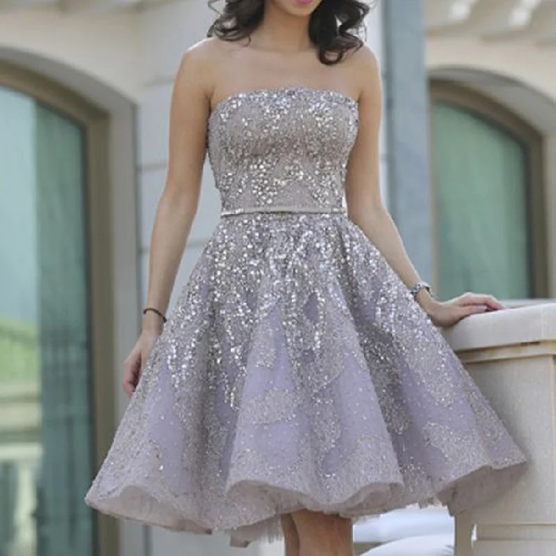 Popular Grey strapless Gorgeous Straight Neck A-line homecoming prom gown dress,BD00151 Tunics Prom sequined