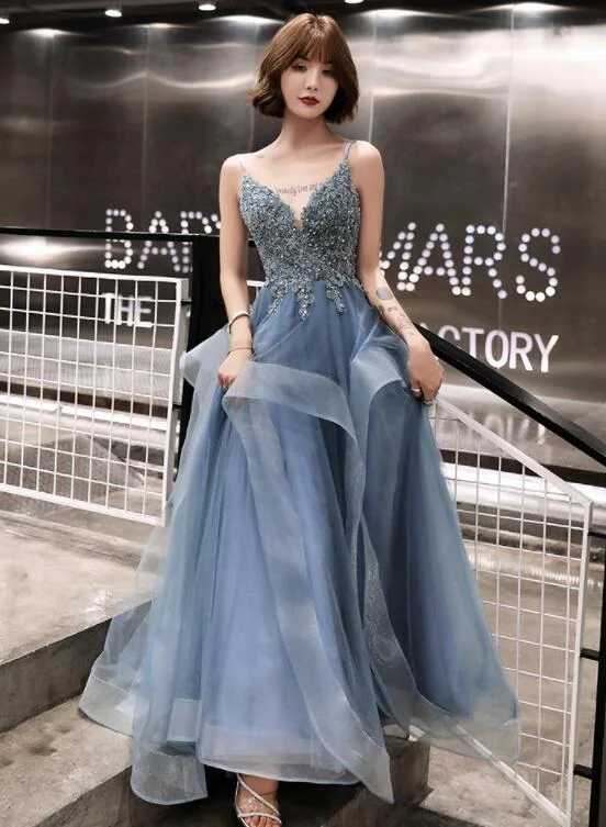 Blue Lace Applique V-neckline Straps Tulle Long Evening Dress, A-line Blue Party Dress Prom Dress Tunics Winter warm