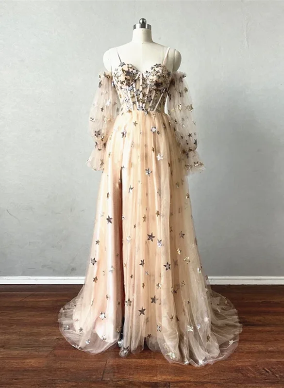 Champagne Puffy Sleeves Tulle Long Evening Dress, Champagne Party Dress Prom Dress Turtleneck Warm Winter