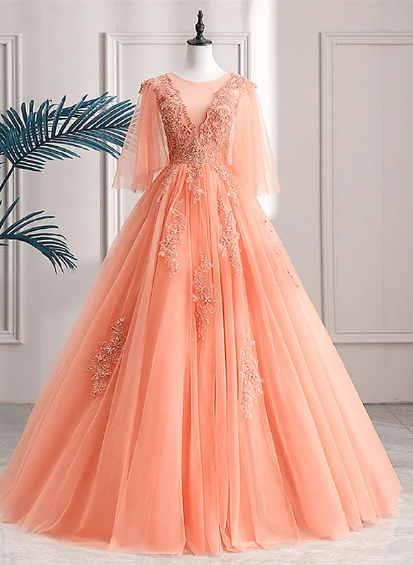 Lovey Tulle V-neckline Long Party Dress with Lace, A-line Tulle Sweet 16 Dress Tunics Trendy modern