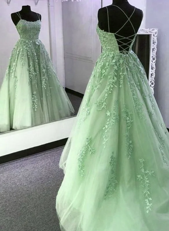 Sage Green Straps Tulle with Lace Train Long Prom Dress, Sage Green Party Dress Boat Neckline Classic
