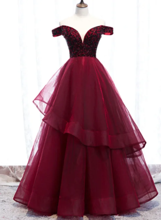 Gorgeous Tulle Wine Red Off Shoulder Party Dress with Lace, Beaded Tulle Evening Dresses Tunics Yoga stretchy
