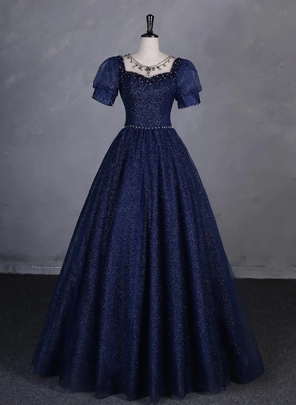 Navy Blue Round Neckline Short Sleeves Tulle Party Dress, Navy Blue Long Prom Dress Tunics Formal black