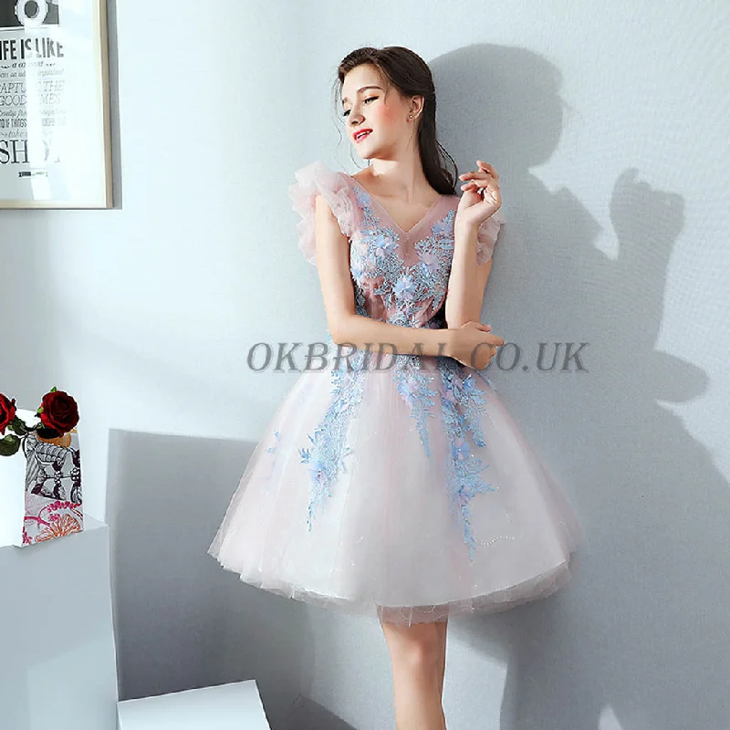 Tulle Homecoming Dress, V-Neck Homecoming Dress, Knee-Length Junior School Dress, Applique Homecoming Dress, KX13 Boatneck Modish Everyday